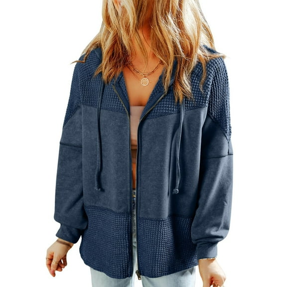Waffle Knit Hoodies for Womens Zip Up Jackets Drawstring Fall Casual Jackets