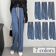 thumbnail image 4 of Pantalones vaqueros de pierna ancha para mujer, pantalón informal de cintura alta con estampado fresco, versión estrecha drapeada, Verano, 4 of 4
