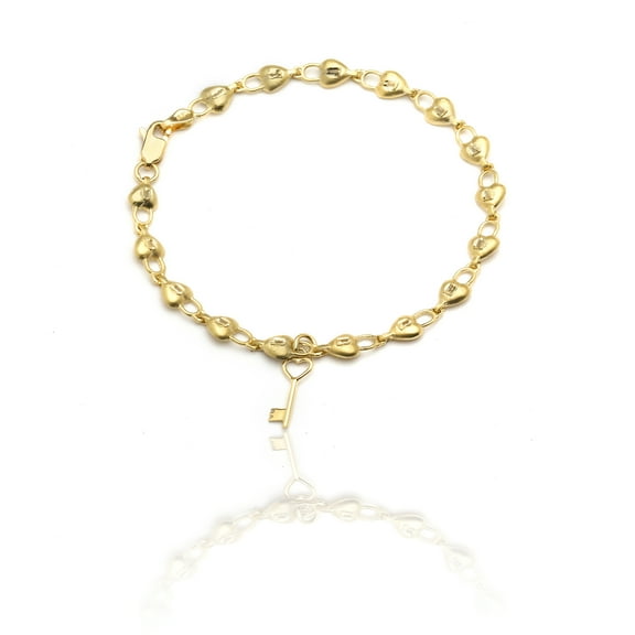 Floreo 10k Yellow Gold Satin Finish Heart Shape Lock and Key Link Charm Bracelet
