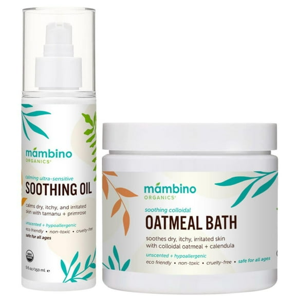 Mambino Organics Organic Ultra-Sensitive Skin Calming Set - Natural Colloidal Oatmeal Bath Powder and Soothing Oil - All Natural Fragrance Free with Jojoba & Evening Primrose Oil - 11 oz