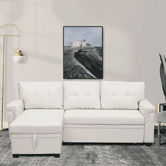 "Naomi Home 78"" Convertible Leather Sleeper Sofa, L-Shaped Couch with Storage Chaise - White"