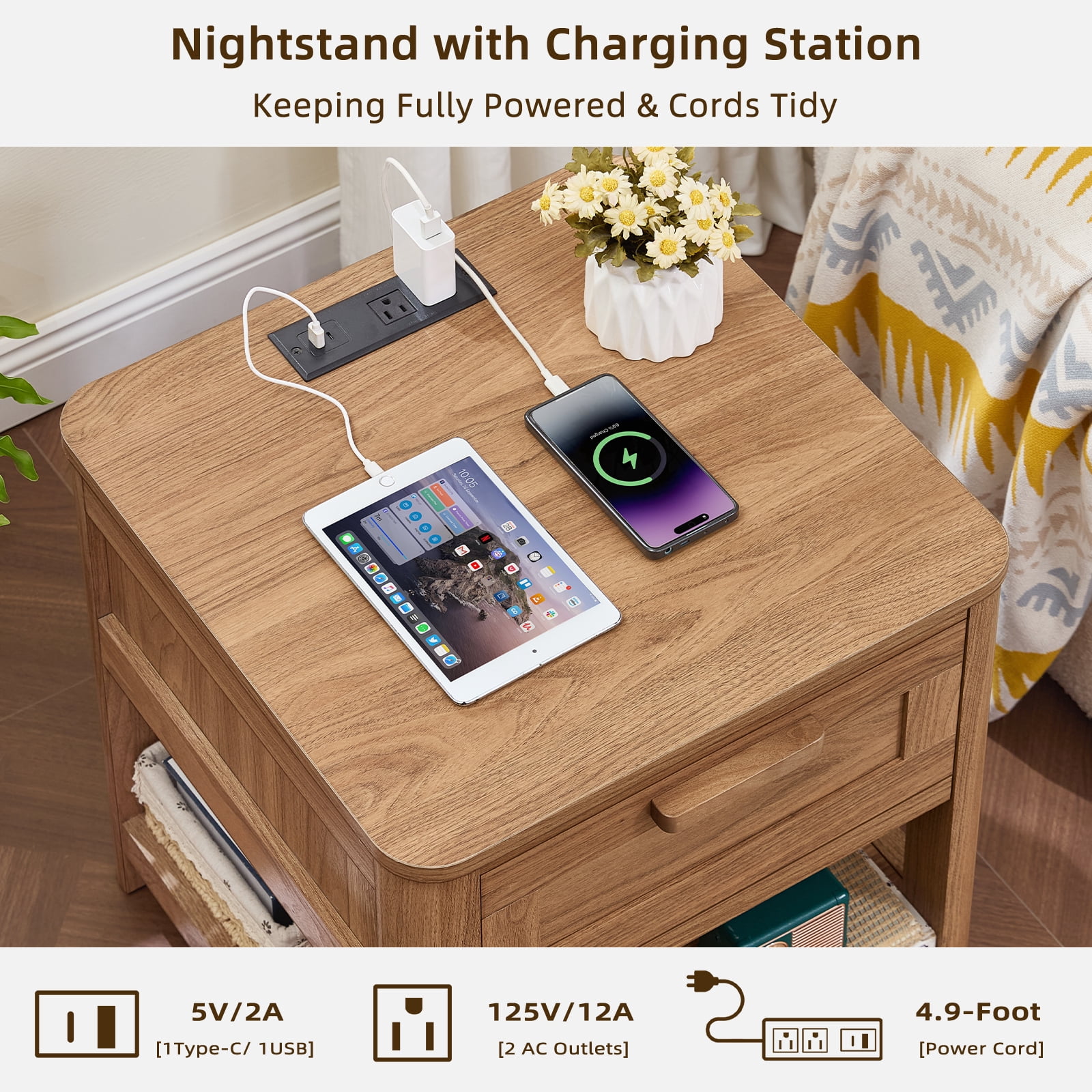 Joaxswe Nightstand with Charging Station, Dark Wood End Table with Silent Slide Drawers, Modern Side Table, Wooden Night Stand for Living Room