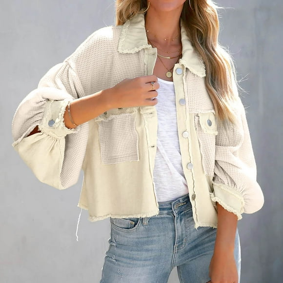 cllios Womens Waffle Knit Shirt Jacket Oversized Button Down Color Block Shacket Batwing Sleeve Tops with Pockets