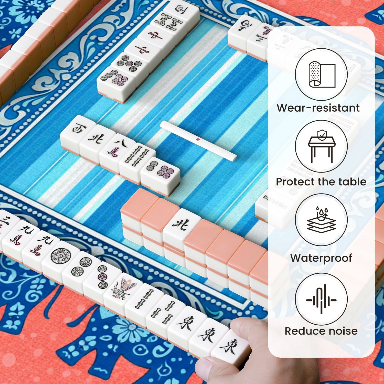 Mahjong Mat 31.5" x 31.5" Blue Floral Elephants Coral Central Blue Striped Frame Non-Slip Noise Reduction Mahjong Tiles Table Cover for Dominoes Poker Card Board and Tile Games