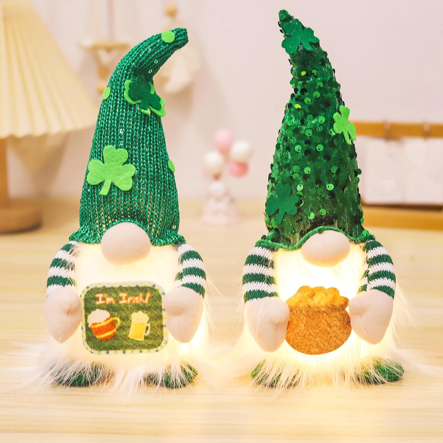 2 Pack St Patricks Day Gnomes Plush with Light, 11inch St. Patrick's Day Irish Elf Tomte Gnome Decoration Ornaments Table Indoor Home Decor