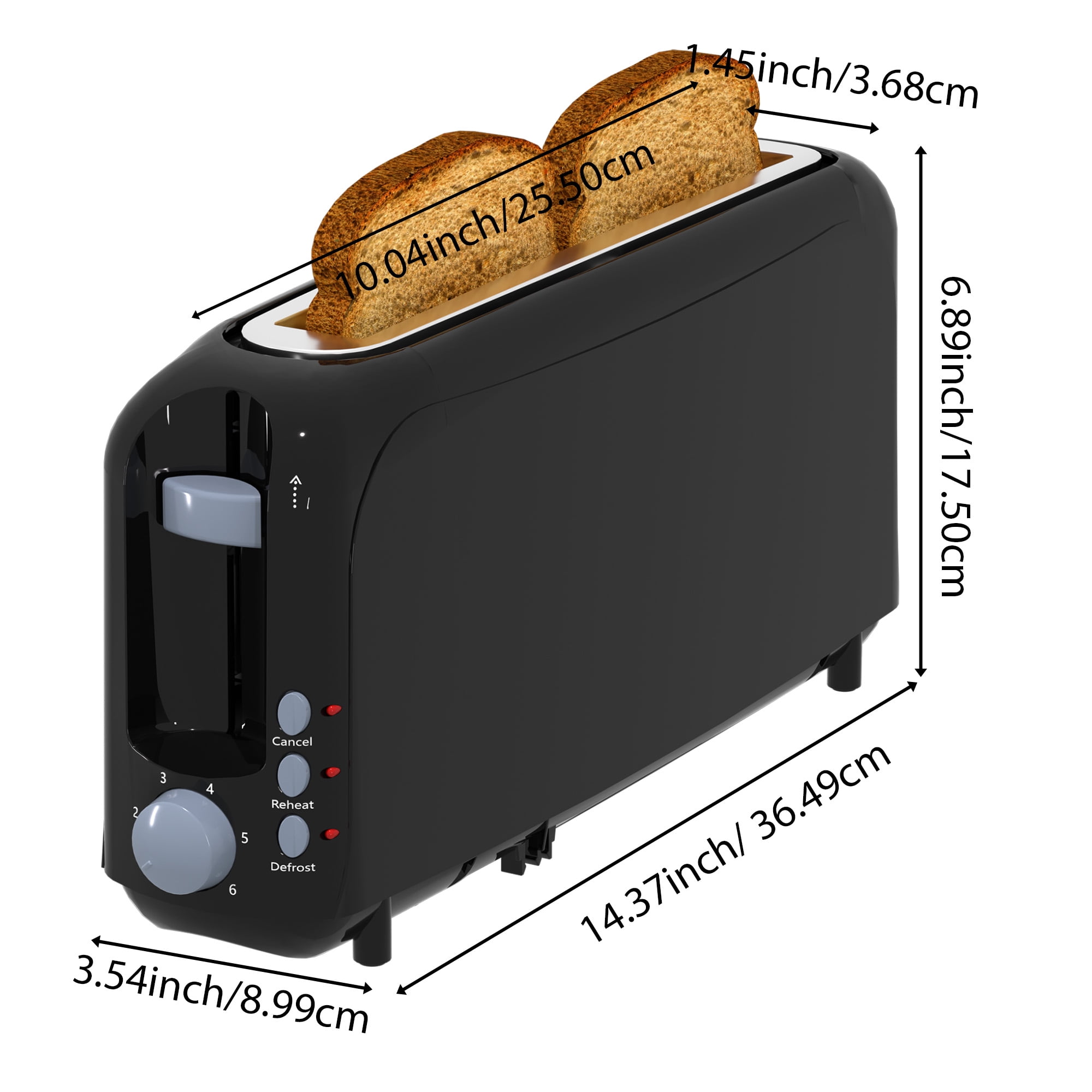 2-Slice Slim Toaster - 10" Long Slot for Bagels & Artisan Bread, 6 Shade Settings, Cancel/Reheat/Defrost, Removable Crumb Tray, Auto Shut-Off,Black