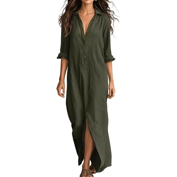 Gytharion Women's Flowy Maxi Dresses Lapel Long Sleeve Front Slit Dresses Loose Elegant Casual Shirt Dresses