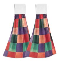 Yayeee Kitchen Hanging Hand Towels Set of 2 with Loop Bathroom Absorbent Tie Towel, Red and Purple Plaid Pattern