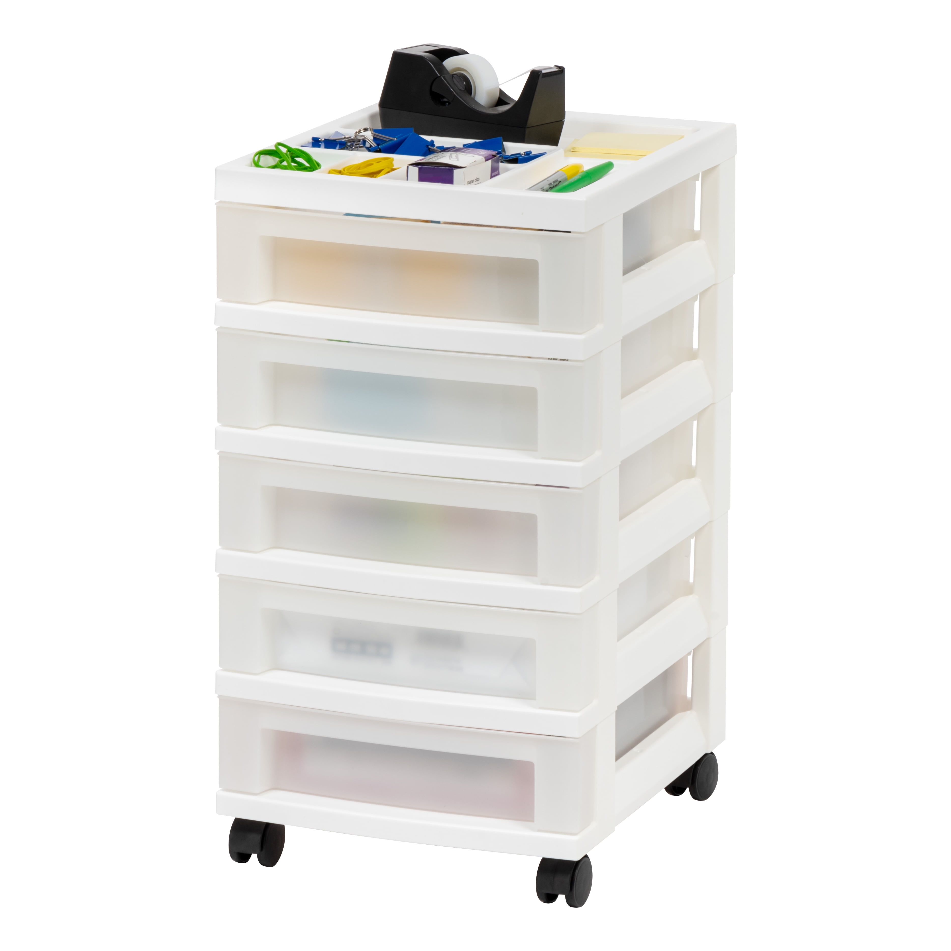 IRIS 5-Drawer Narrow Plastic Storage Drawer Cart with Organizer Top, White