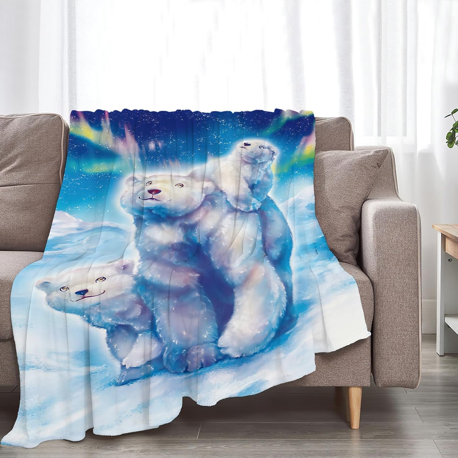 Polar Bear Blanket Super Soft Warm Fluffy Flannel Aurora White Bear Throw Blanket Cozy Fuzzy Plush Bear Animal Decor Stuff Blankets Gift for Boys Girls Kids Teens Adults 60"x50"