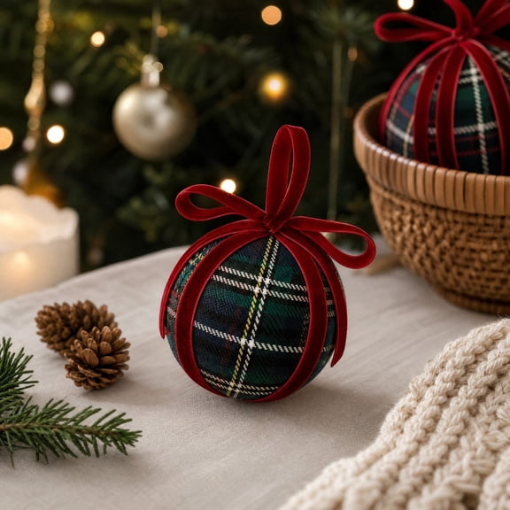 Plaid Christmas Ball Ornaments Shatterproof Velvet Tree Decorations with Hanging Loop 3.15in 1PC