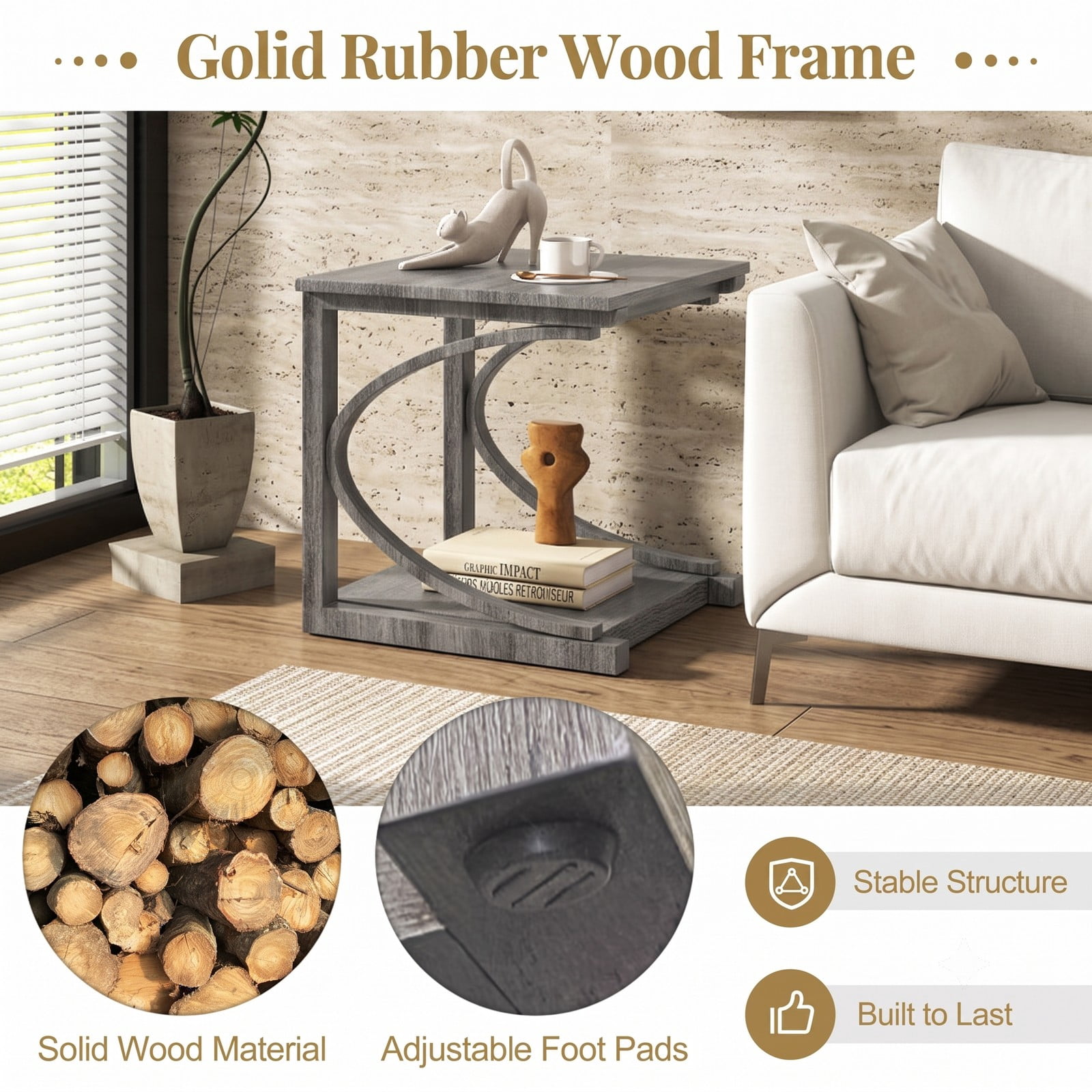 Furnibear C-Shaped End Table, 24 Inch 2-Tier Square Sofa Side Table with Storage Shelf, Rubber Wood Snack Couch Table for Living Room Bedroom, Grey