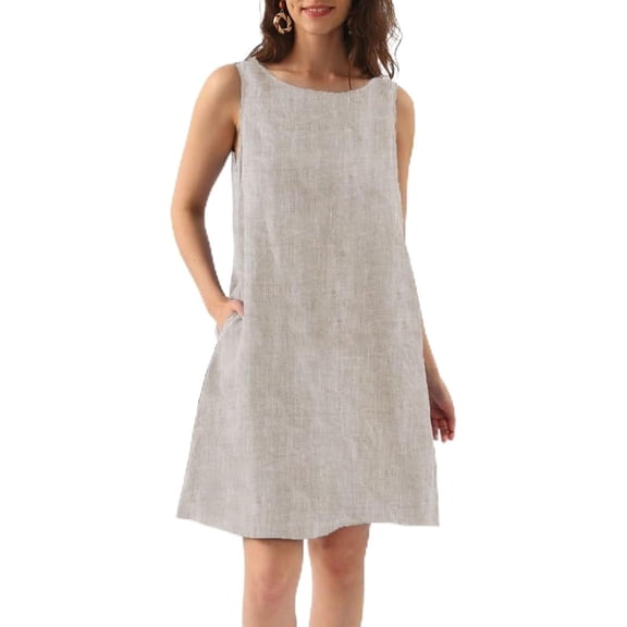 Amazhiyu Womens Linen Sleeveless Shift Dress with Pockets Crew Neck Casual Tank Dress