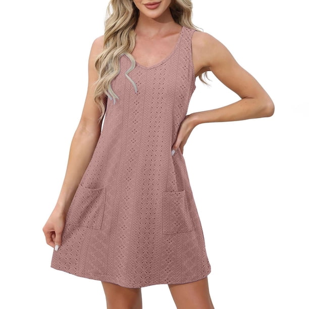 Vestido sin mangas con cuello en V para mujer, estilo informal y holgado con bolsillos, tejido de poliéster, tallas S-XXL, para playa/fiesta