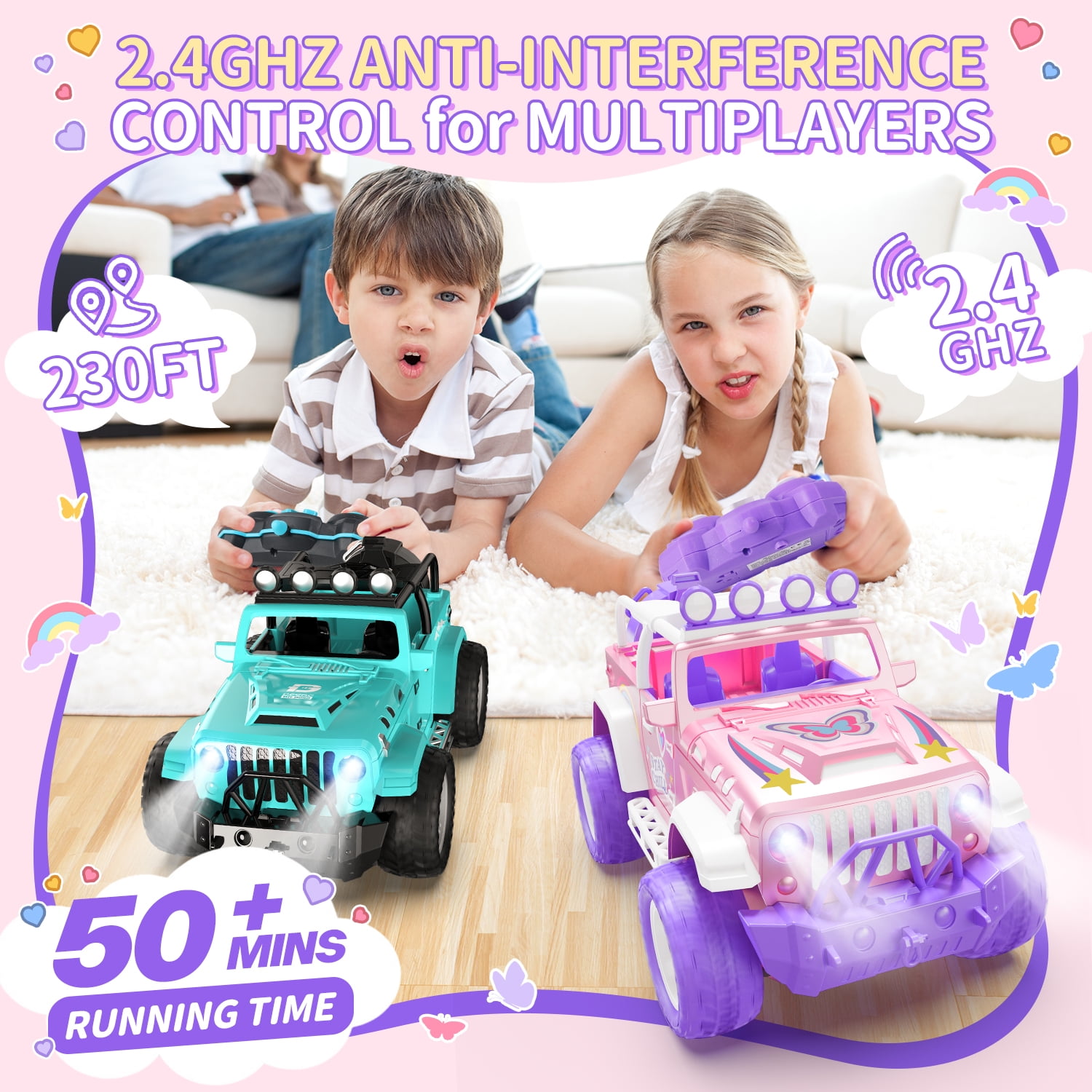 DEERC Pink Remote Control Car for Girls with Fog Mist & Music, 1:16 RC Car with LED Lights for Kids, 2.4Ghz All Terrain SUV Truck Gifts, Off-Road Racing Vehicle Toy Car, Girls Toys