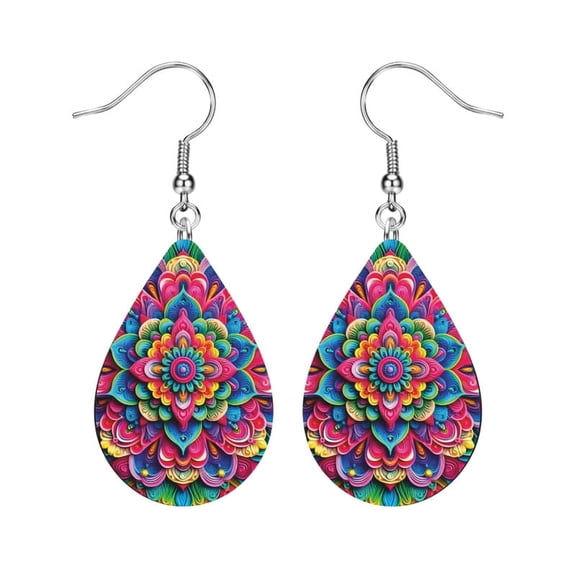 Women's Colorful Mandala Teardrop Dangle Earrings Bohemian Floral Pattern Lightweight Hook Earrings Vibrant Statement Jewelry Gift for Women