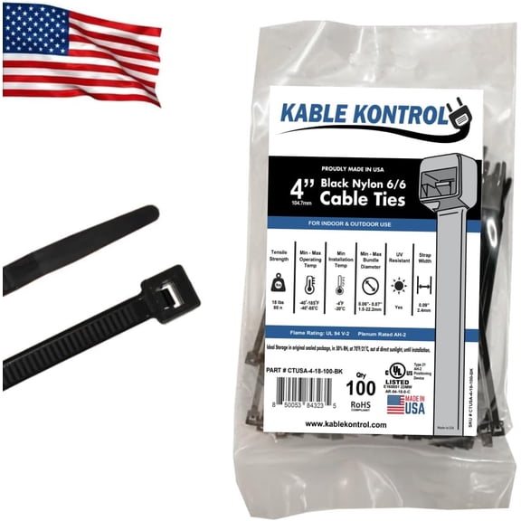 Kable Kontrol Made In USA Cable Zip Ties - 4" Inch Long - 18 Lbs Tensile Strength - 100 Pcs Pack - UV Resistant Black