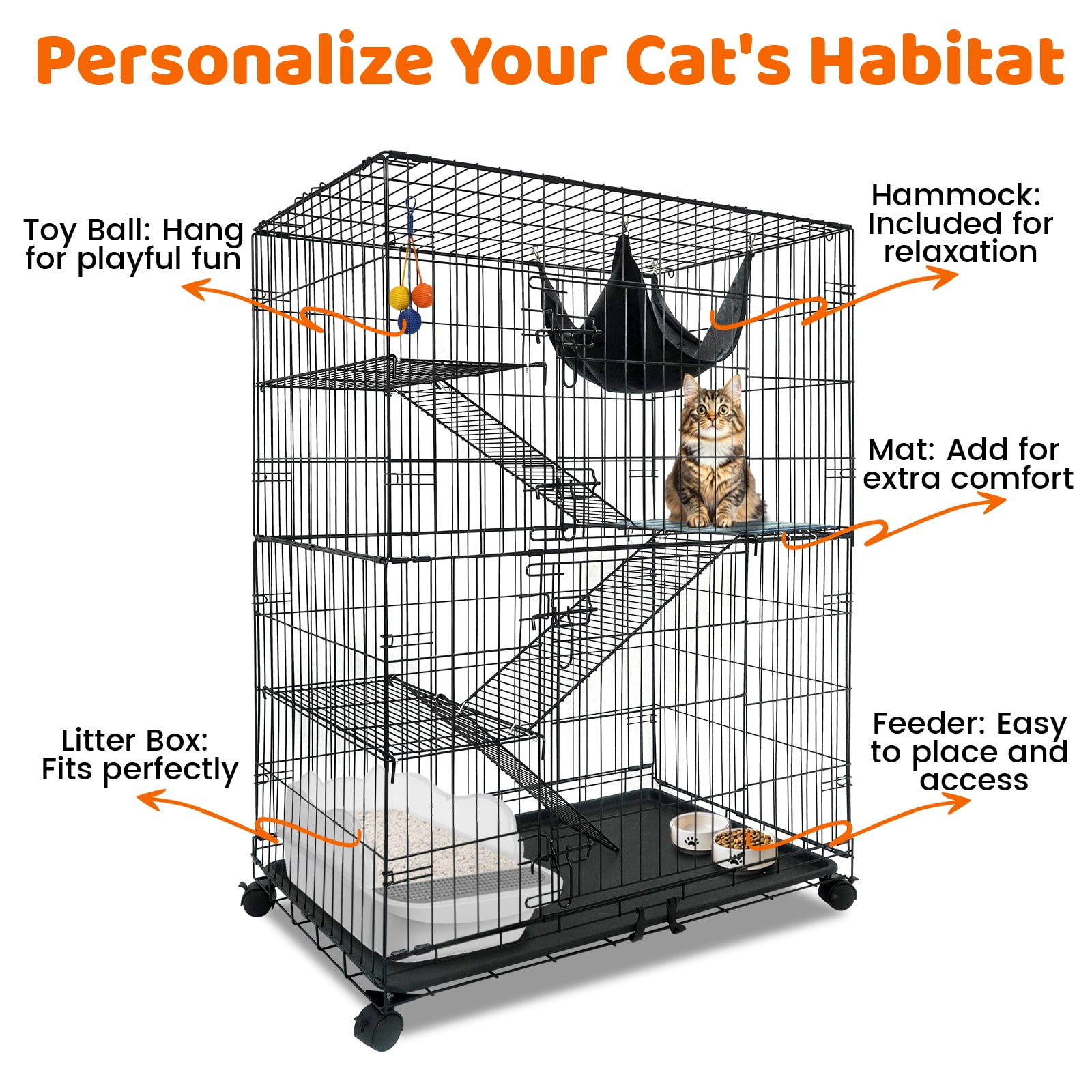 Homey Pet 50 Inch Cat Cages Indoor, Large 4-Tier Cat Crates for Indoor Cats, Collapsible Metal Wire Cat Enclosures Big Multi-Level Cat Cage for Adult Cats Kitten Kitty with Hammock, Ramp, 360° Wheels