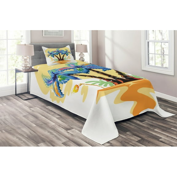 Ambesonne Tropical Quilted Coverlet 2 Pcs, Cartoon Island Sunset, Twin Size, Blue Orange