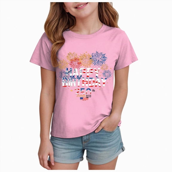 Ymyiu USA Shirts for Kids Toddler Girls 4th of July T-Shirt American Flag Print Kids Boys Independence Day Tees Size 7-8 Years(Pink, 7-8 Years)