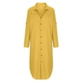 thumbnail image 3 of BLTIBY Womens Cotton Linen Plain Midi Dress Casual Fall Plus Size Dresses Loose Fit Long Sleeve Shirt Button Down Lapel Dress with Pockets Yellow 4XL, 3 of 5