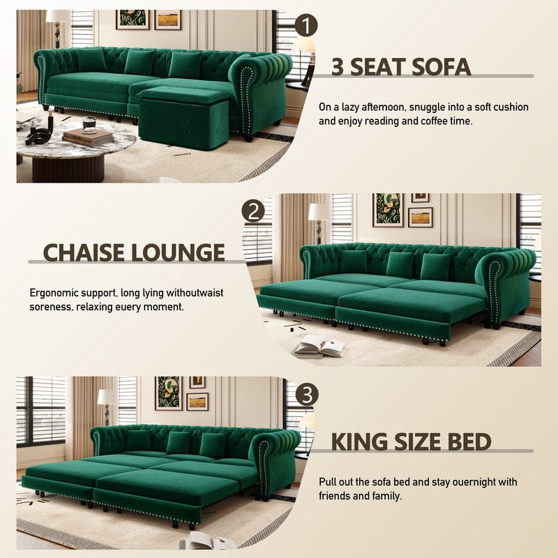 3-in-1 Pull-Out Sofa Bed, 89'' Chesterfield Sofa, Convertible Sleeper Sofa Bed, King Size Sofa Bed, Chaise Lounge, Tufted Design Velvet 3-Seater Sofa with Movable Ottoman