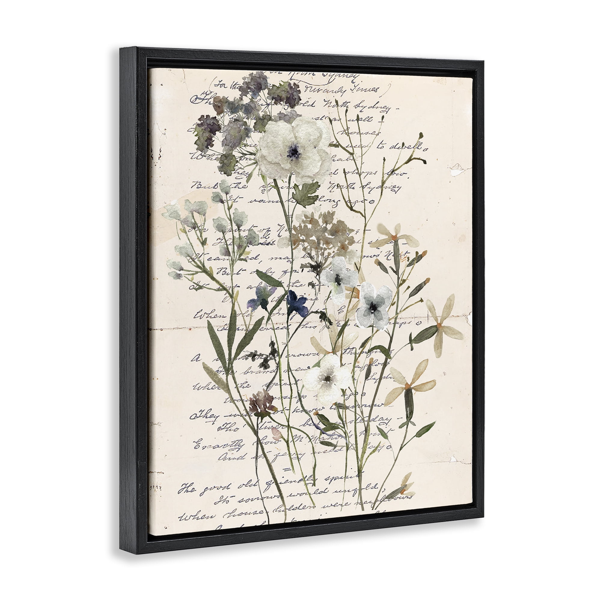 Stupell Industries Vintage Pressed Flowers Plants & Flowers Painting Black Floater Framed Canvas Art Print Wall Art, 17 x 21