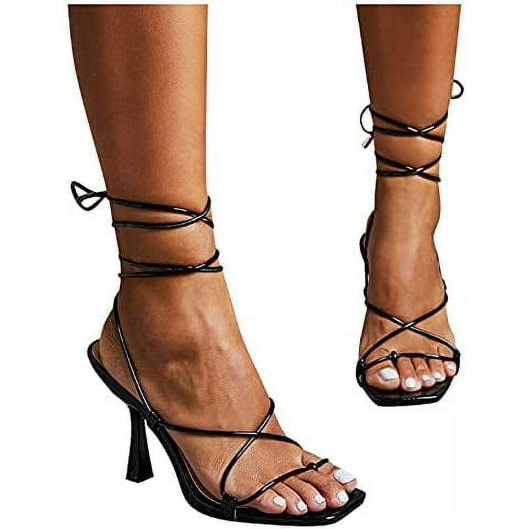 Lacey White Square Toe Strappy Lace Up Heels
