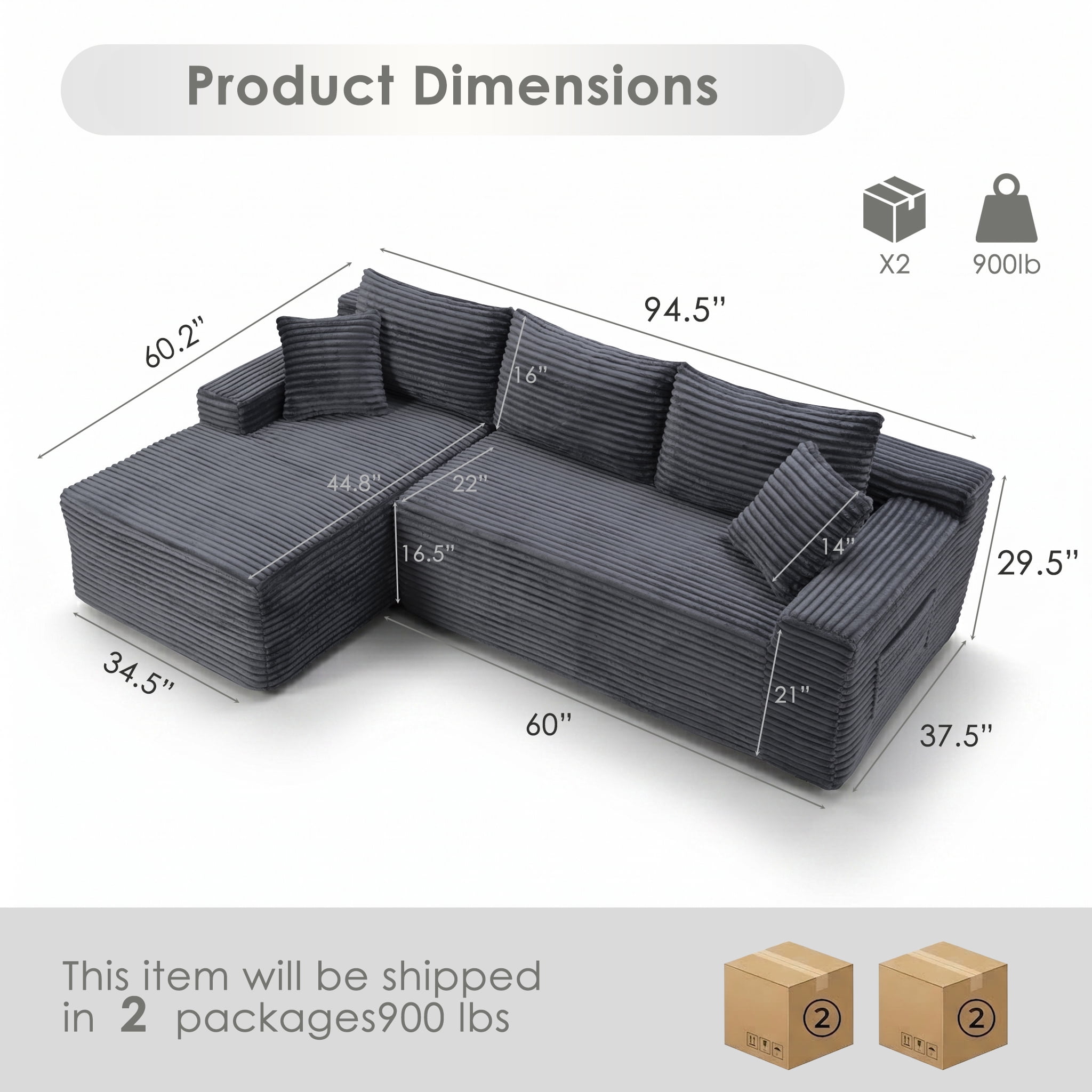 Xiweot 95" Modular Cloud Couch Sectional Sofa for Living Room, Modern Corduroy Boneless Couch with Side Pockets, Upholstered Deep Seat L Shape Sofas, No Assembly Required, Gray