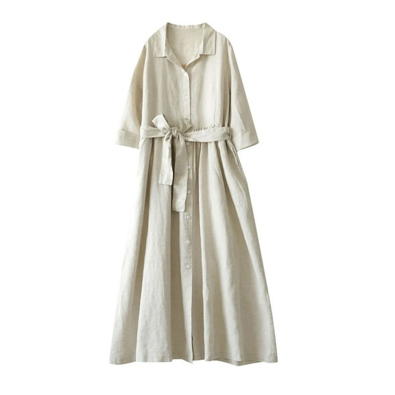 Wycnly Summer Dresses for Women Soft Cotton Linen Loose Swing Button Down Long Shirt Dresses with Belt 2025 Elbow-Length Lapel Solid Maxi Formal Dress White m