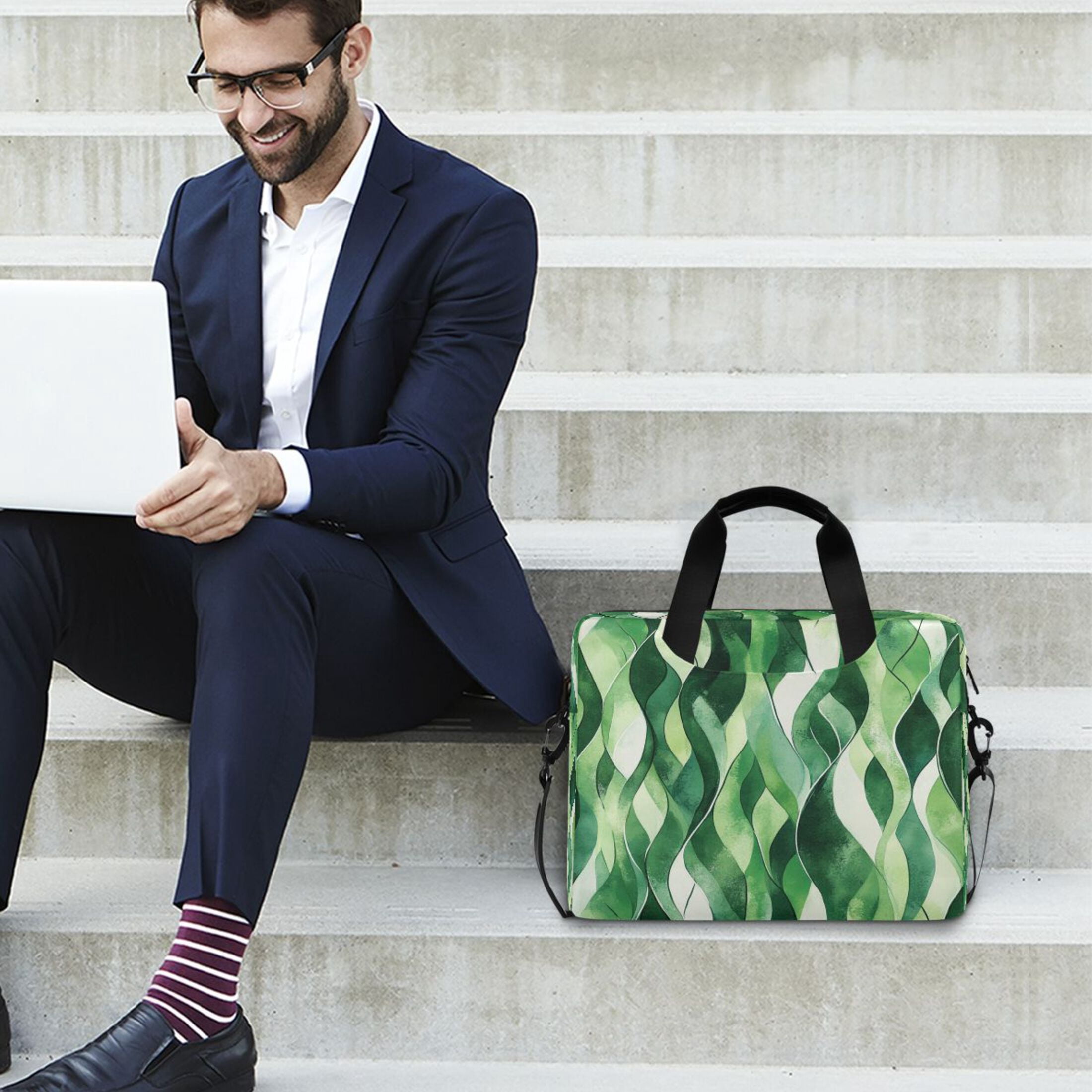 16" Laptop Tote Bag Laptop Sleeve Case Computer Briefcase for Work & Travel Watercolor Green Wavy Lines