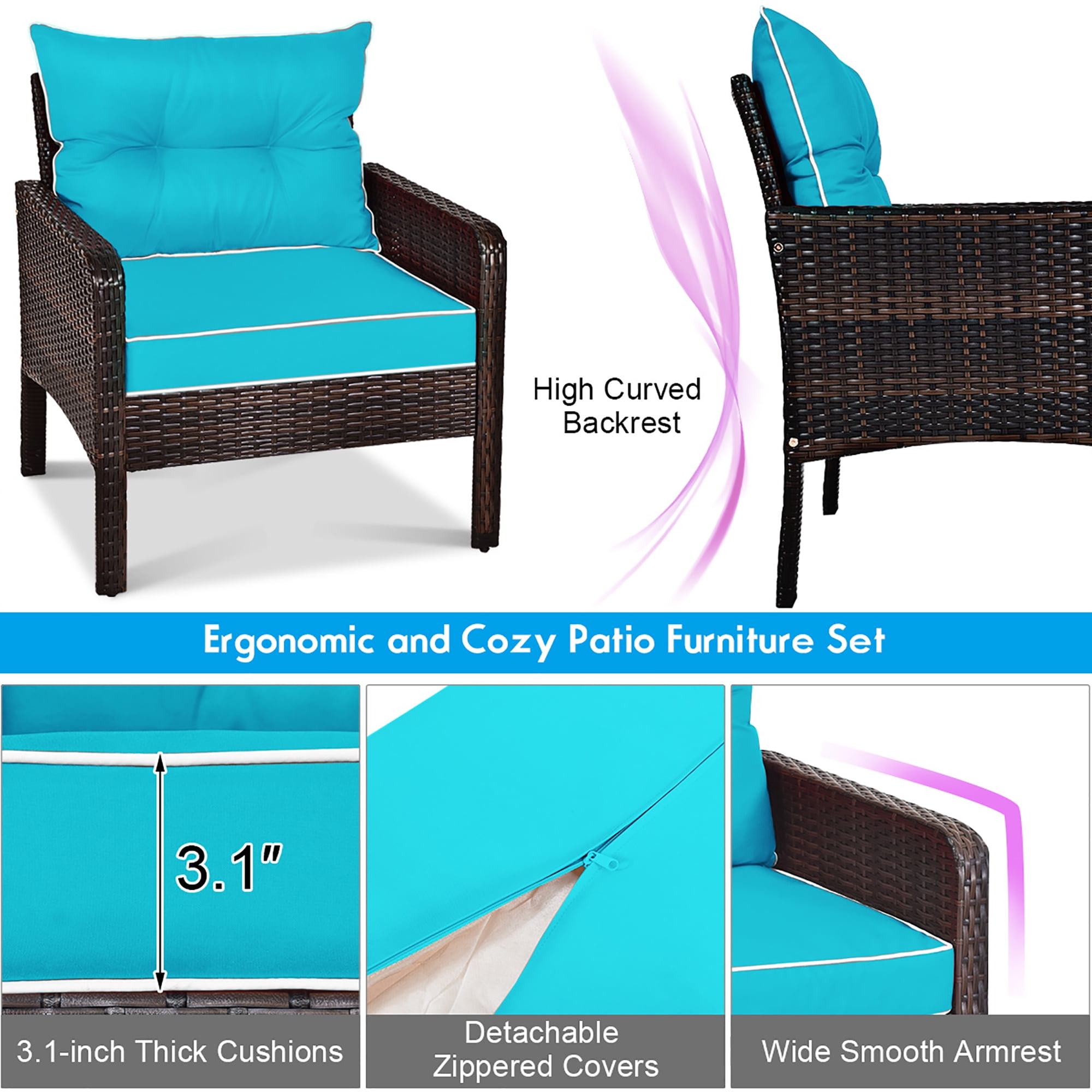 Costway 5-Piece Rattan Patio Furniture Set with 2 Ottomans and Glass Top Table, Brown/Turquoise