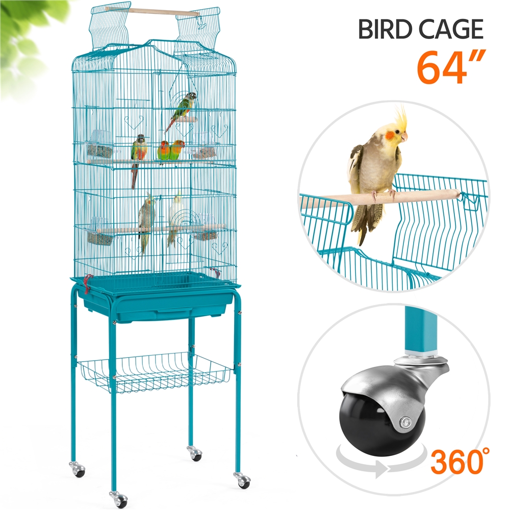 Alden Design 64''H Parrot Cage Open Top Metal Bird Cage Large Rolling, Teal Blue