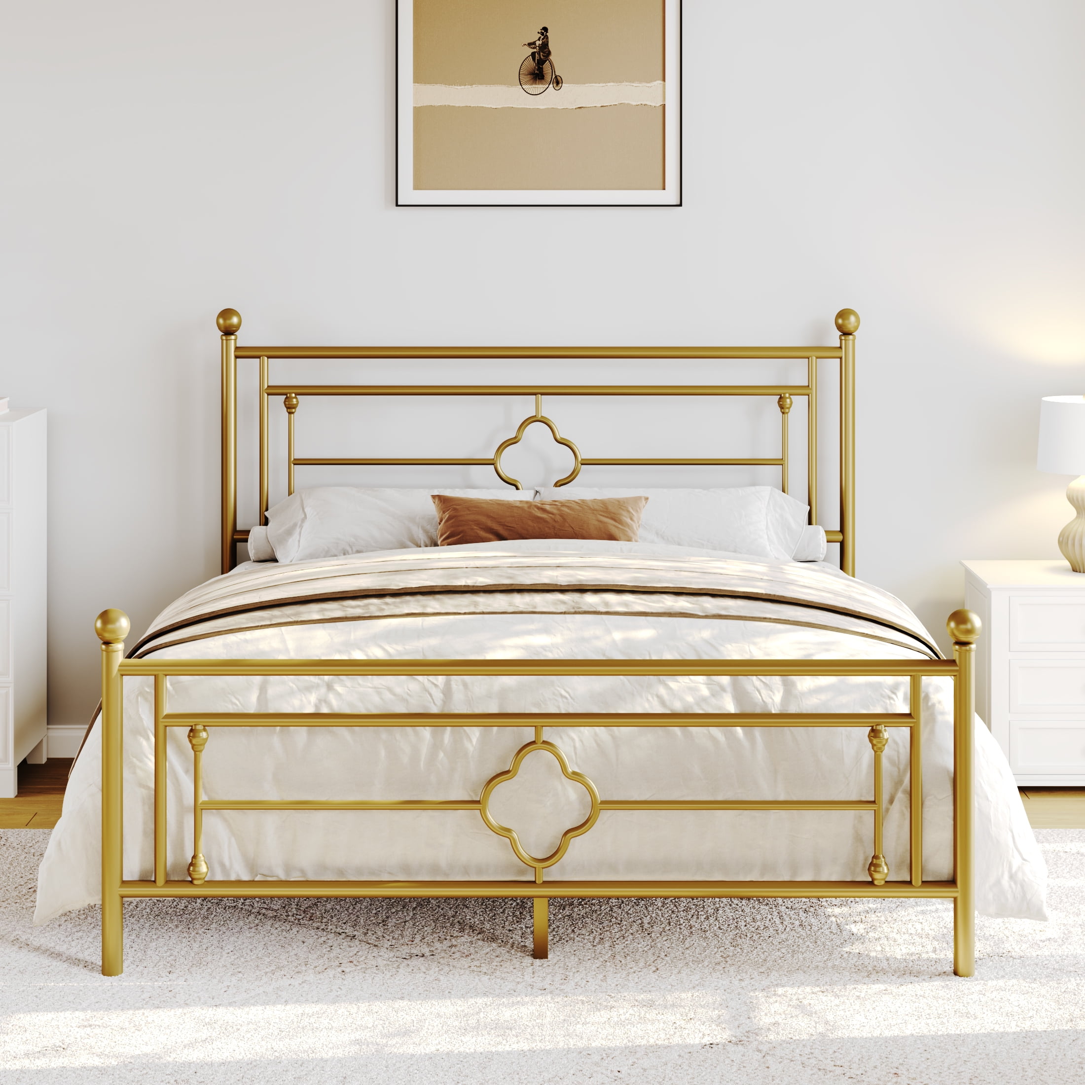 Sha Cerlin Gold Queen Size Metal Platform Bed Frame with Victorian Vintage Headboard