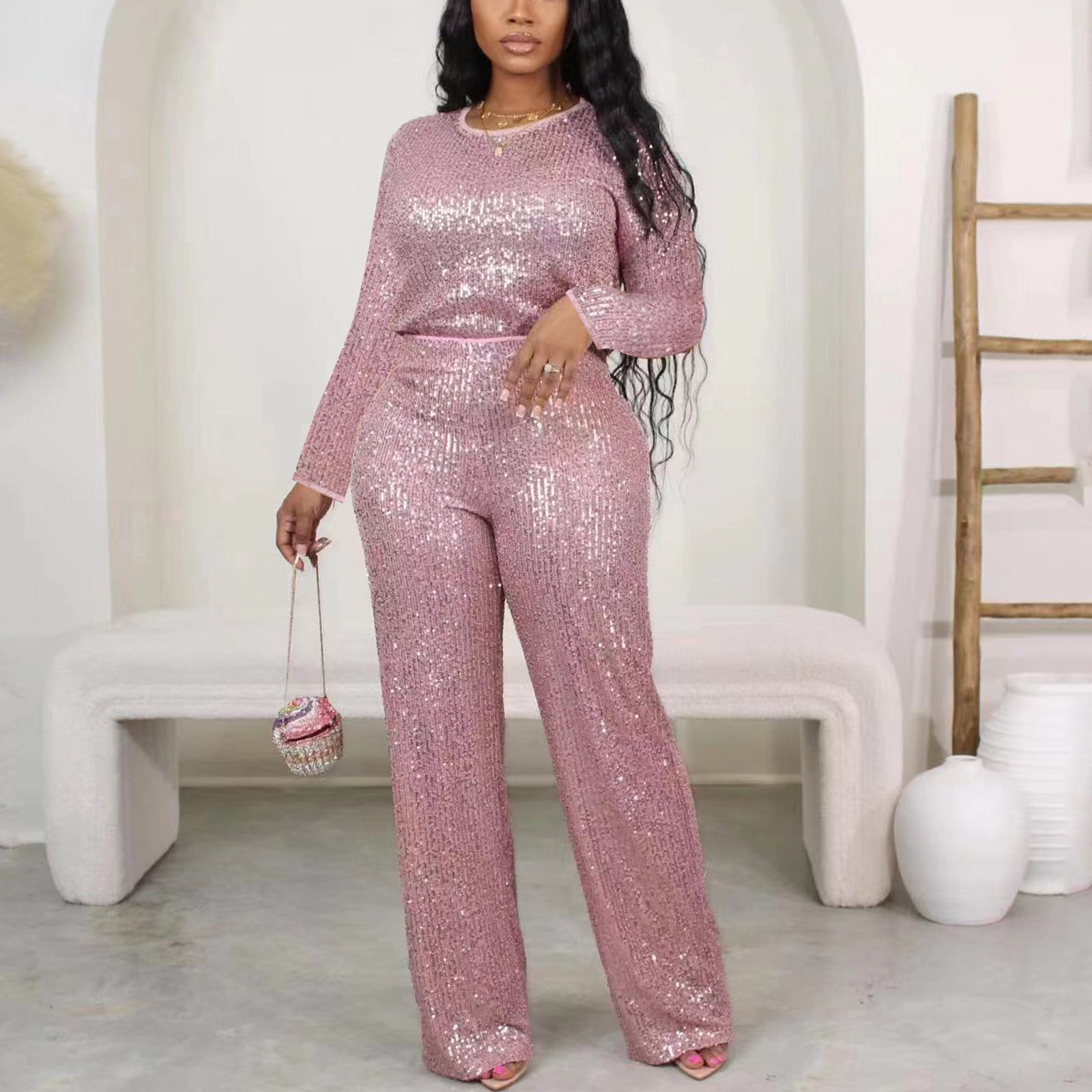 Fall Lounge Sets for Women 2 Piece Cotton Two Piece Pants Outfits for Women Fall Women's Solid Color Sequin Fashion Suit Comfortable Casual Long Sleeve Pants Two-piece Set