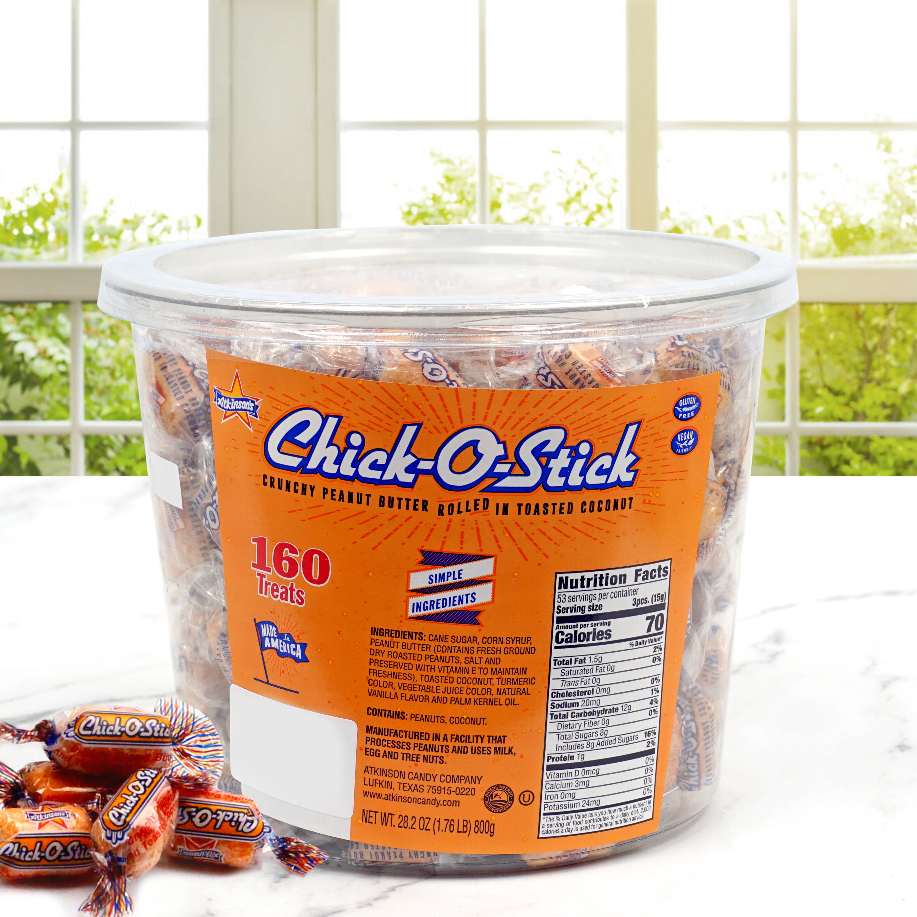 Chick-O-Stick Tub, 160 Pieces, Peanut Butter Bars, Crunchy Peanut Butter Rolled In Toasted Coconut