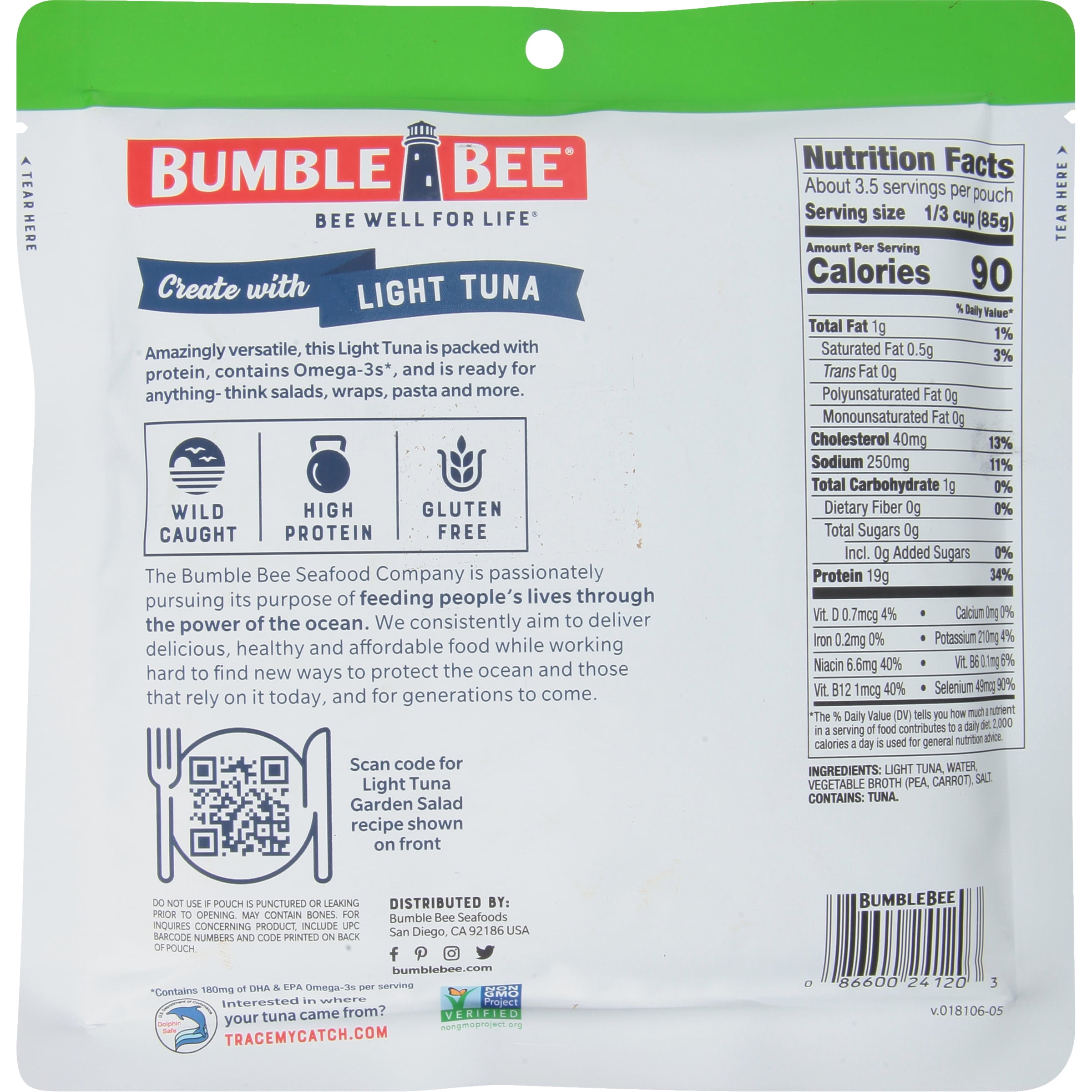 (10 pack) Bumble Bee Chunk Light Tuna in Water, Wild Caught Skipjack Tuna, Gluten Free, 19g Protein per Serving, Family Size, Shelf Stable Pouch, 10 oz