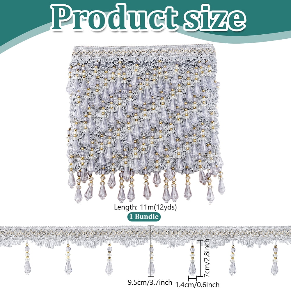 12 Yards Beaded Fringe Trim 3-3/4 inch Hanging Tassel Trim Silver Sewing Trim Fringe Beaded Trim Lace Ribbon for Curtain Tablecloth Home Decor Dress Clothes DIY Crafting Polyester
