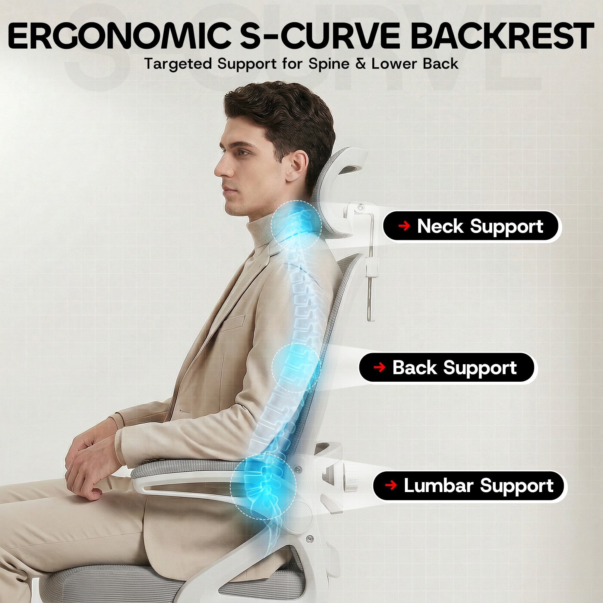 Ultifit Ergonomic Office Chair for Adult, Gray Breathable Mesh Desk Chair with Adjustable Headrest, Armrests, Lumbar Support, and Rocking Function，400LBS