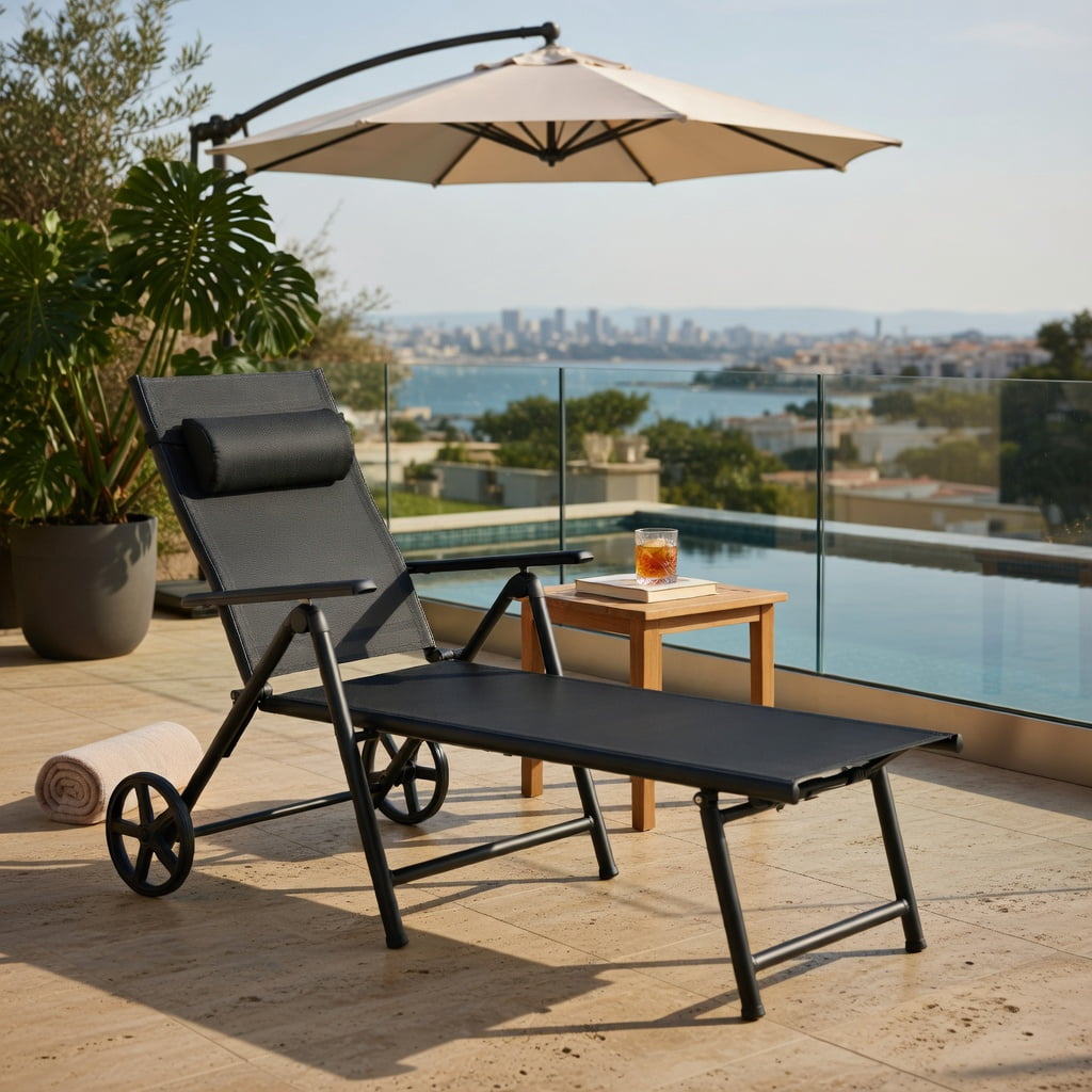 Hommoo Adjustable Outdoor Lounge Chair with Wheels, Aluminum Patio Recliner with Neck Pillow & 7-Position Backrest for Backyard, Poolside & Deck, Gray