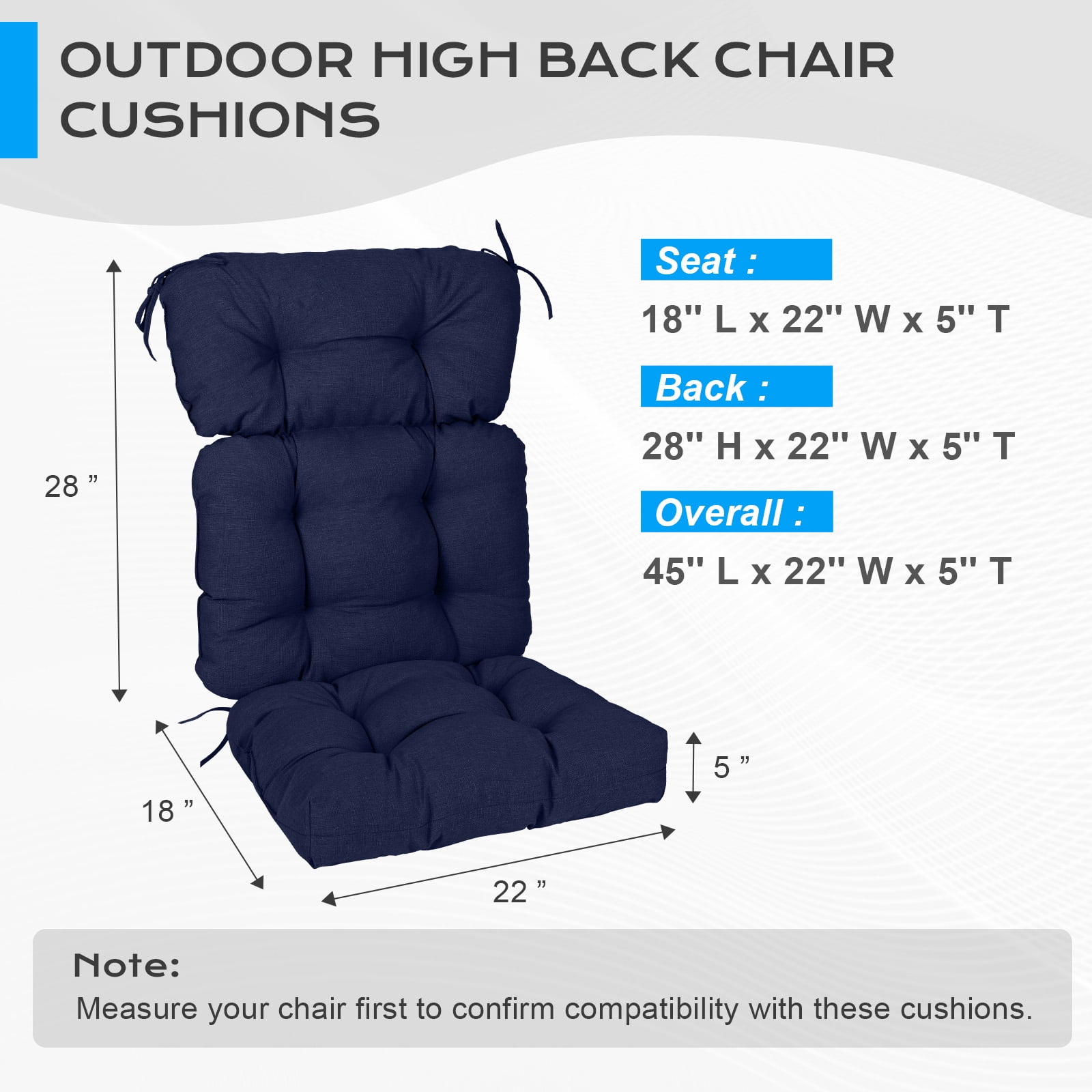 Aoodor Outdoor 45"x 22" x5" Tufted High Back Cushions Patio Replacement Chair Cushion with Ties, Water and Fade Resistant for All Weather (Dark Blue, Set of 2）