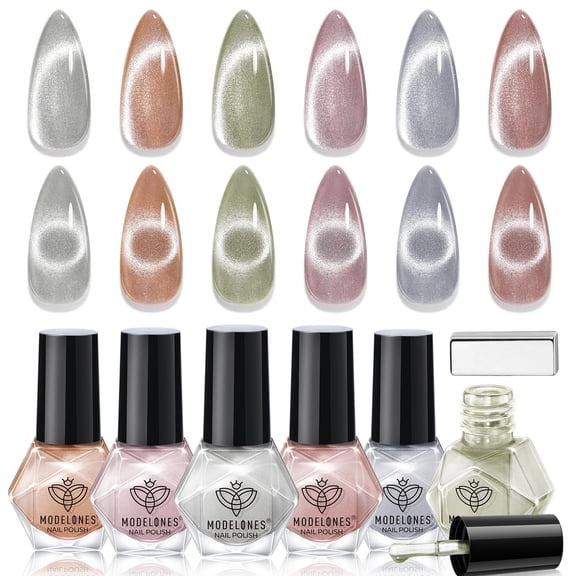 modelones Nail Polish Set, 6 Colors Cat Eye Magnetic Silver Pink Red Purple Quick Dry Mini Nail Lacquer Kit, Green Orange Blue Long Lasting Manicure Home DIY