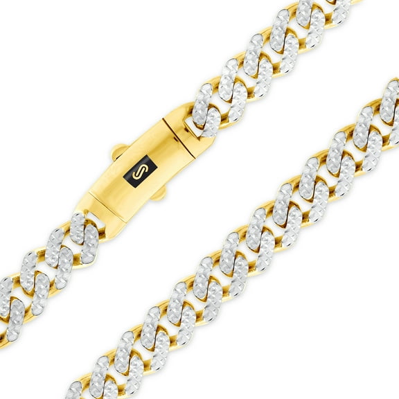 Nuragold 10k Real Yellow Gold Royal Monaco 7.5mm Miami Cuban Diamond Cut Pave Link Necklace (18"-30") Two Tone Italian Jewelry for Men
