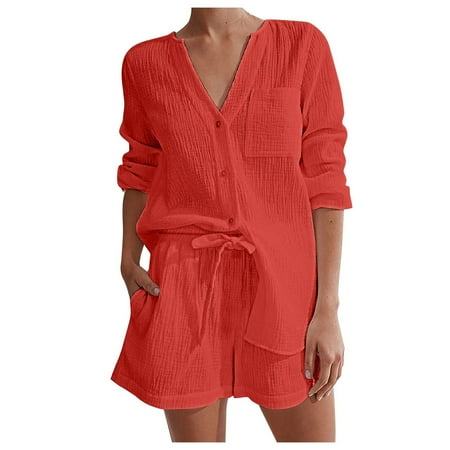 DXOUPM 2 Piece Pajama Set for Women Ladies Summer Solid Color Double Long Sleeve Shorts Cotton Air Conditioning Fashion White Ladies Home Service Set Red2 L
