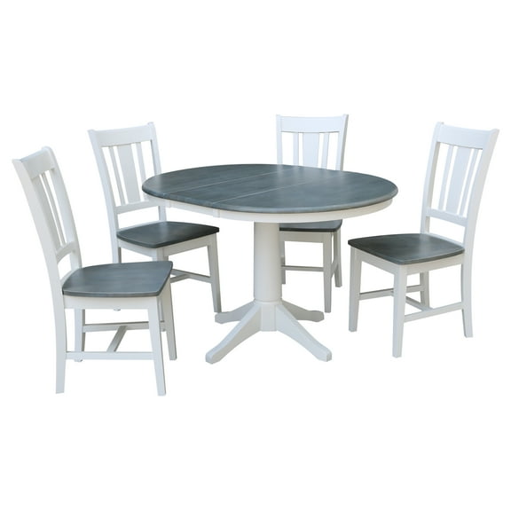 International Concepts Solid Wood 5-Piece Dining Set with 36 in. Round Extension Dining Table and 4 San Remo Splat Back Chairs in White/Heather Gray