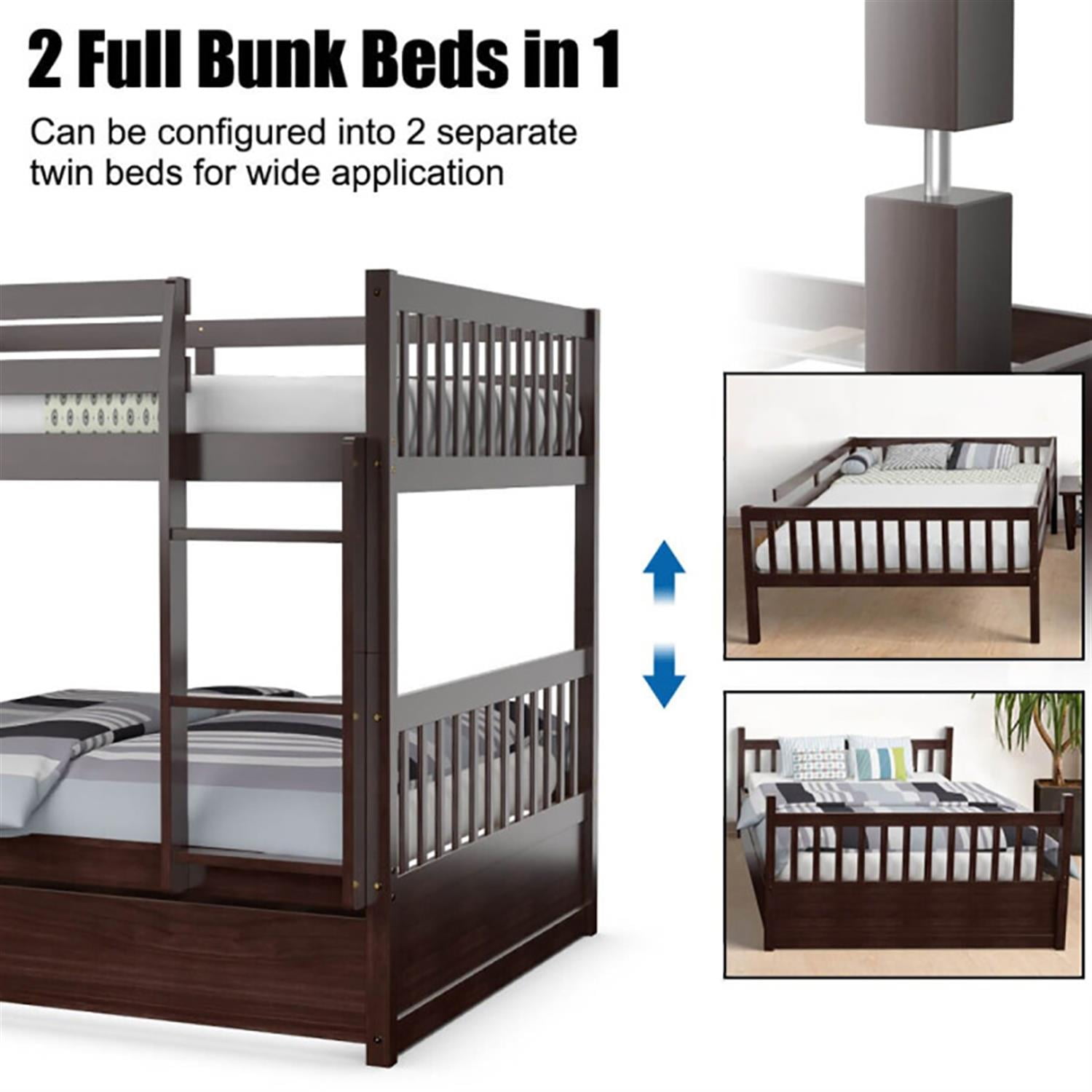 Demi Bonn Bunk Beds Full over Full with Ladder in the Steps and a Full Trundle, Bunk Bed Platform Twin Over Twin, Brown
