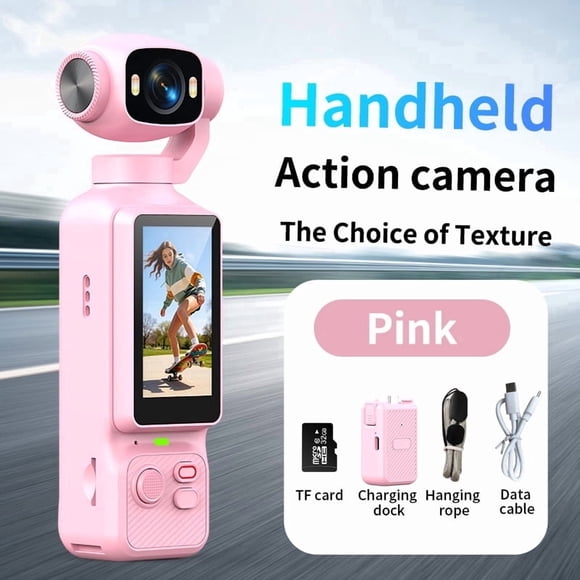 MUOXUEQN Cámara de Acción Portátil Rosa para Vlog Portátil de Mano con Lente Giratoria Estabilizada Tipo Gimbal 1080p HD MP4 Cámara de Video