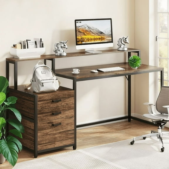 63" Computer Desk with Ergonomic Monitor Stand, Drawers & File Cabinet - Spacious Home Office Desk for Dual Monitors