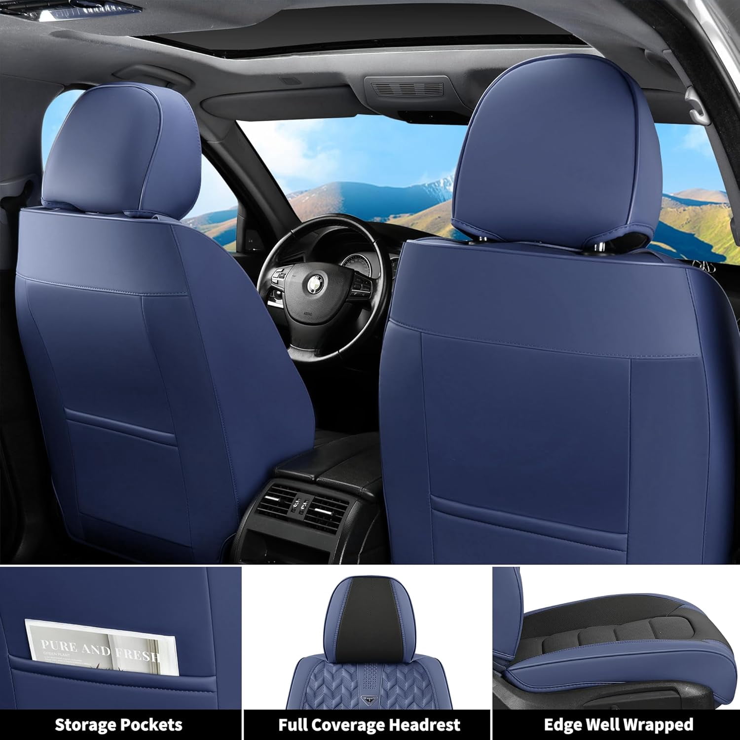FLORICH Car Seat Covers Front Pair, Waterproof Faux Leather Seat Protectors, Auto Interior Cushions Fit for Most Cars Suv Trucks, Black&Blue