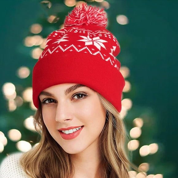 PEONAVET Woolen Hat Winter Warm Christmas Hat Adult Snowflake Knit Cap Christmas Tree Cuffball Knit Cap